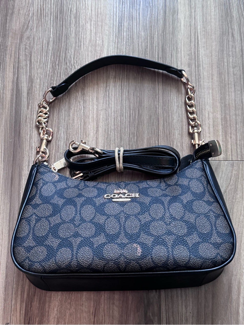Coach Navy and Black Signature Canvas Shoulder Bag with Gold Hardware